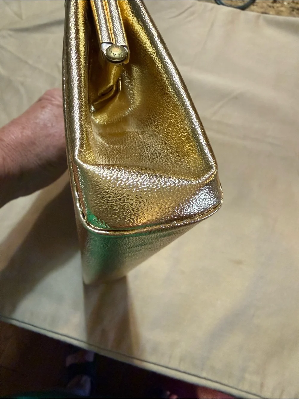 Vintage Gold Metallic Frame Clutch Handbag with Chain